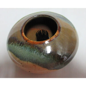 IKEBANA VASE Blue Drip Speckle Glaze Art Pottery W/Metal FLOWER FROG Signed 2017